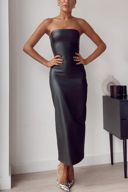 Schulterfreies Kunstleder Bleistift-Maxikleid im Tube-Stil
