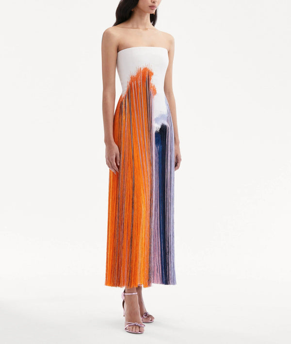 Cocktailkleid mit abstraktem Pinselstrichmuster und Fransen