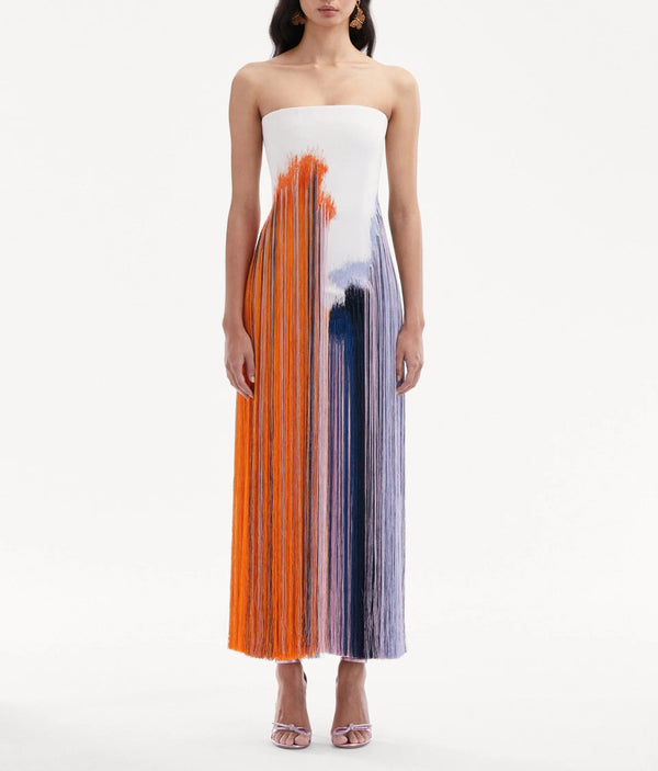 Cocktailkleid mit abstraktem Pinselstrichmuster und Fransen