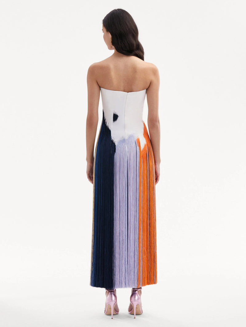Cocktailkleid mit abstraktem Pinselstrichmuster und Fransen