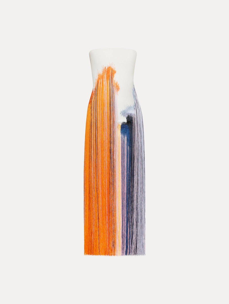 Cocktailkleid mit abstraktem Pinselstrichmuster und Fransen