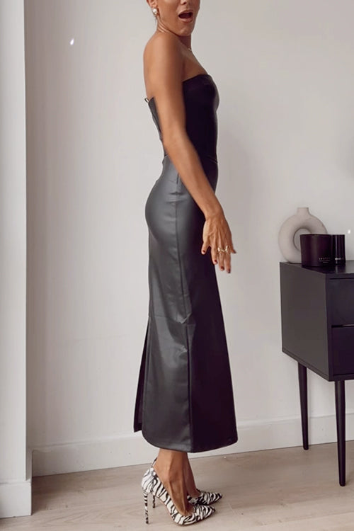 Schulterfreies Kunstleder Bleistift-Maxikleid im Tube-Stil