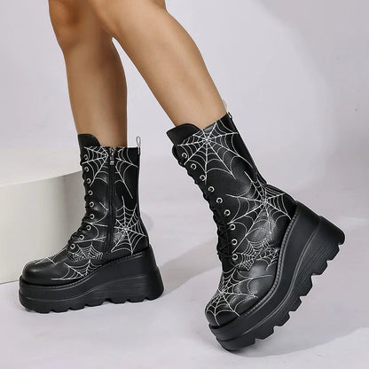Gothic Grobe Plateauschuhe mit mittelhohem Schaft und Spinnennetz-Detail