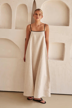 Kontrast Leinen Maxi-Kleid