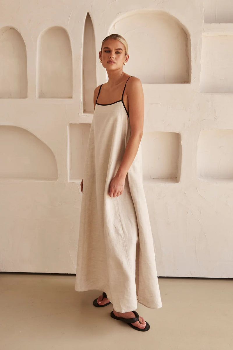 Kontrast Leinen Maxi-Kleid