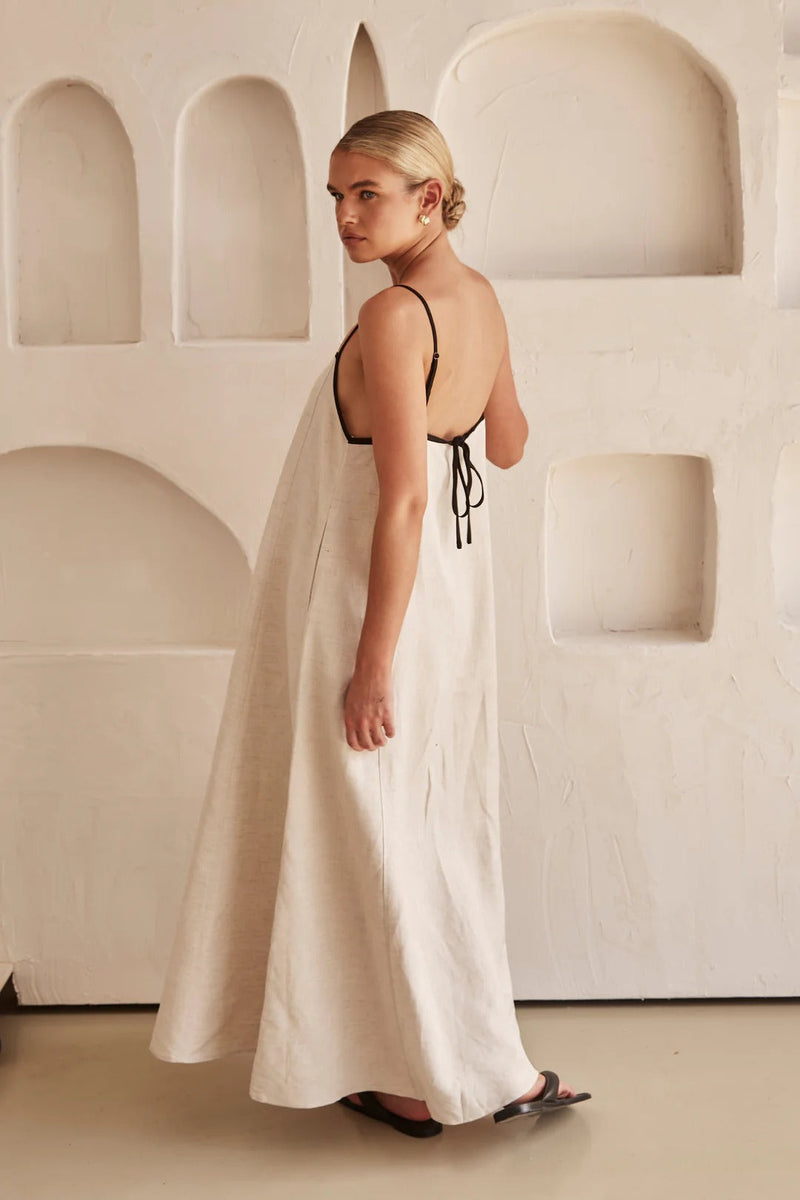 Kontrast Leinen Maxi-Kleid