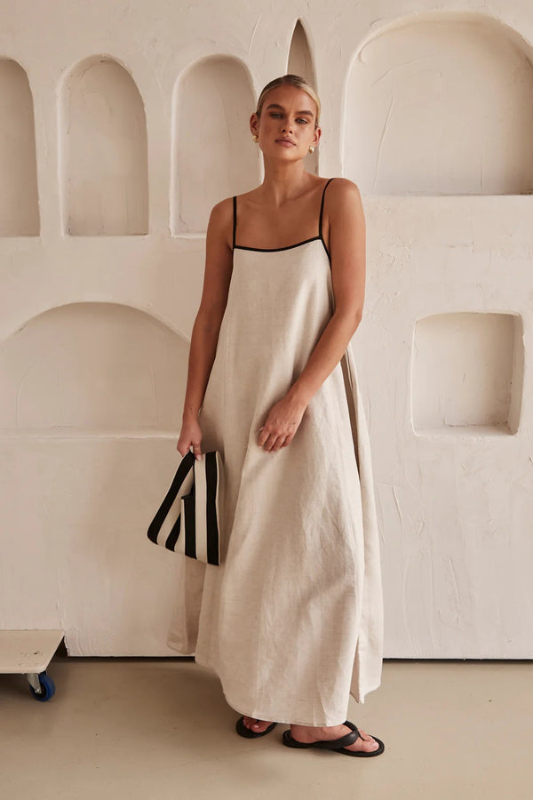 Kontrast Leinen Maxi-Kleid