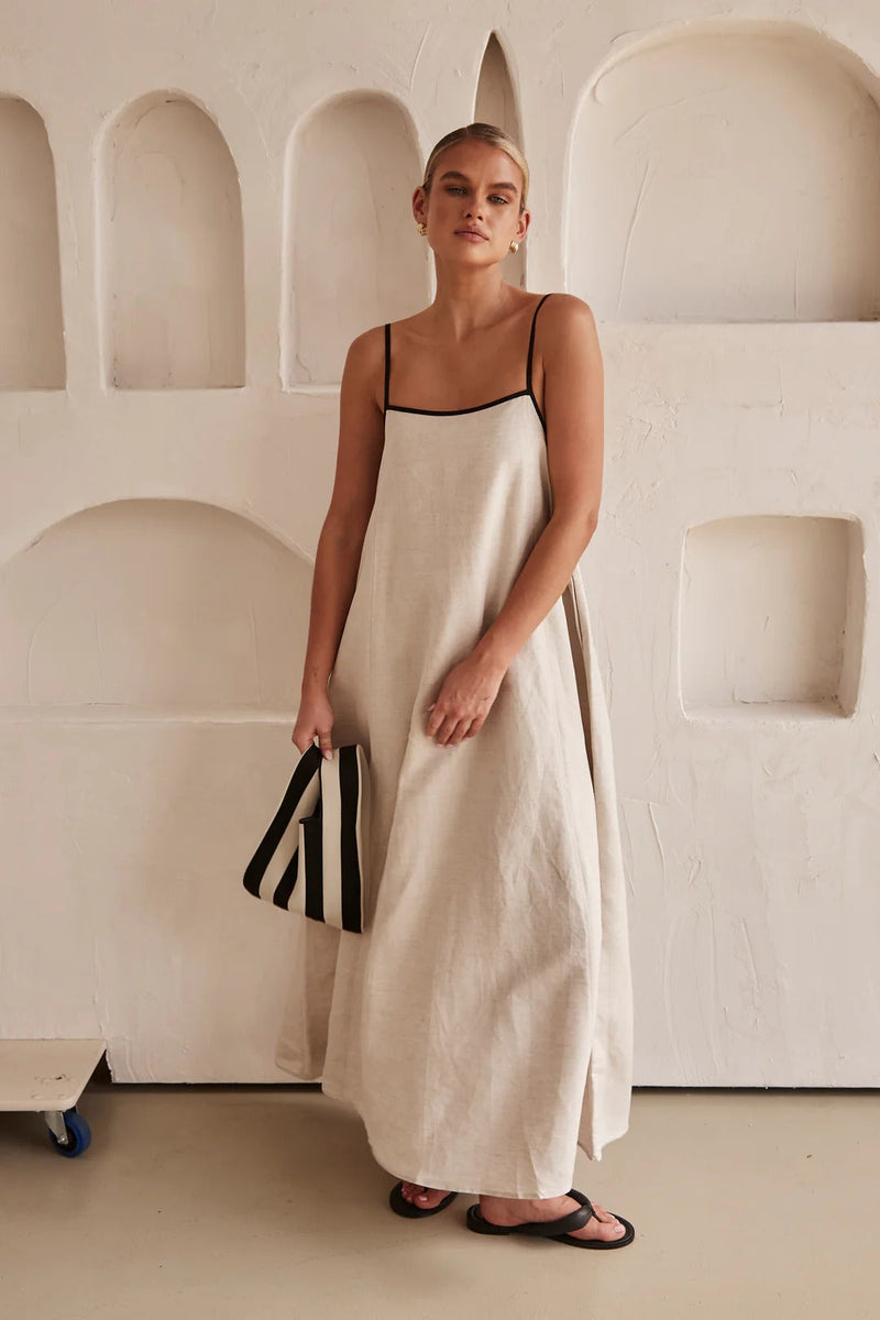 Kontrast Leinen Maxi-Kleid