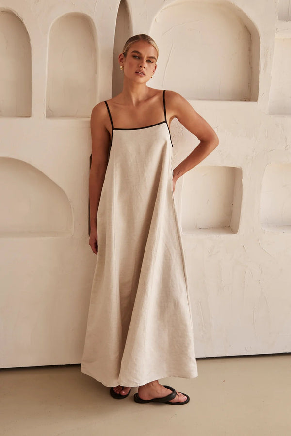 Kontrast Leinen Maxi-Kleid