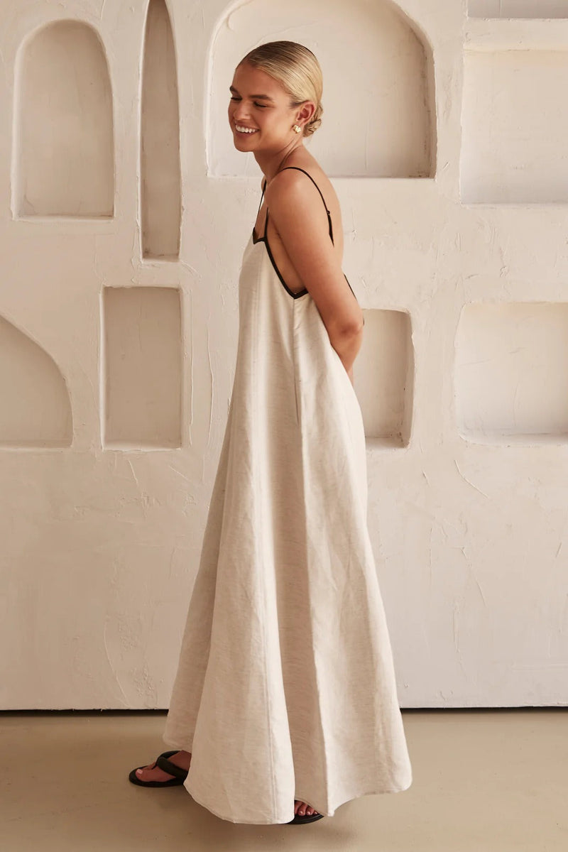 Kontrast Leinen Maxi-Kleid