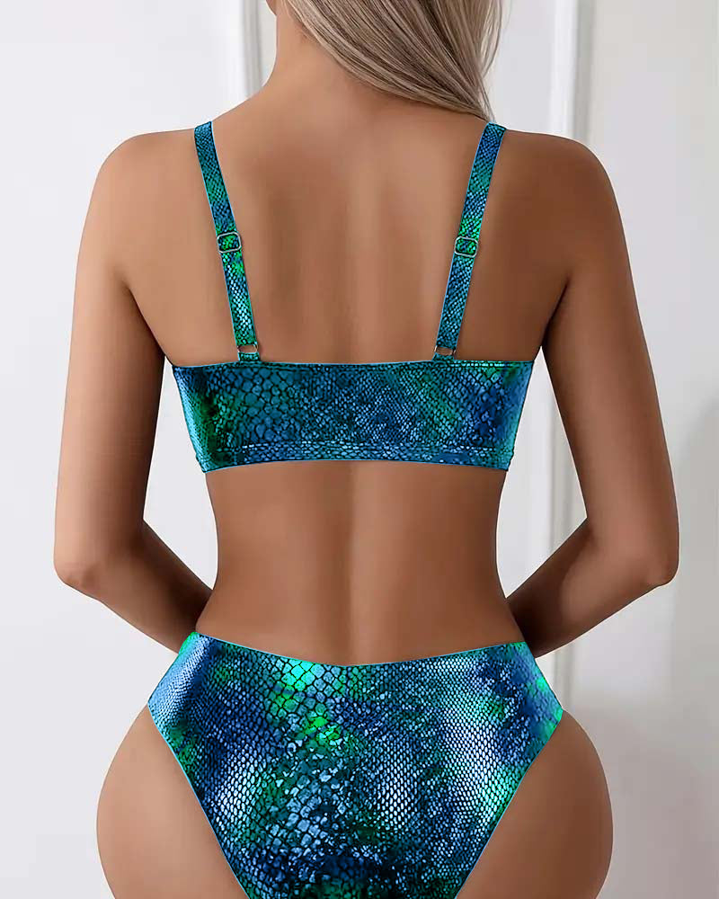 Bikini Schlangenprint mit Brustbinde, Hohe Taille, Dreieck