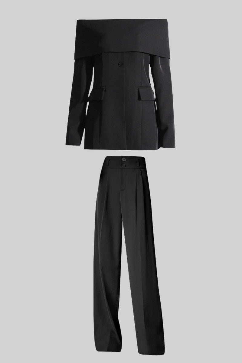 Damen Zweiteiler mit schulterfreiem Blazer, langen Ärmeln und langer Hose