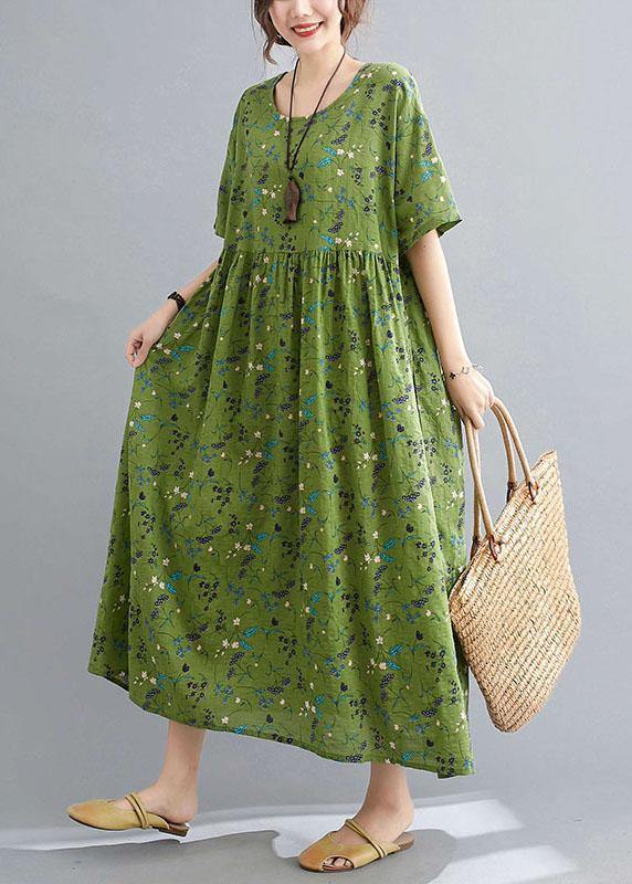 Grünes Maxikleid mit Rundhalsausschnitt und Halbärmeln im Kreis-Print Sommerstil