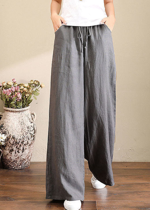 Leinenhose in französischem Grau mit weitem Bein, elastischem Bund und Taschen