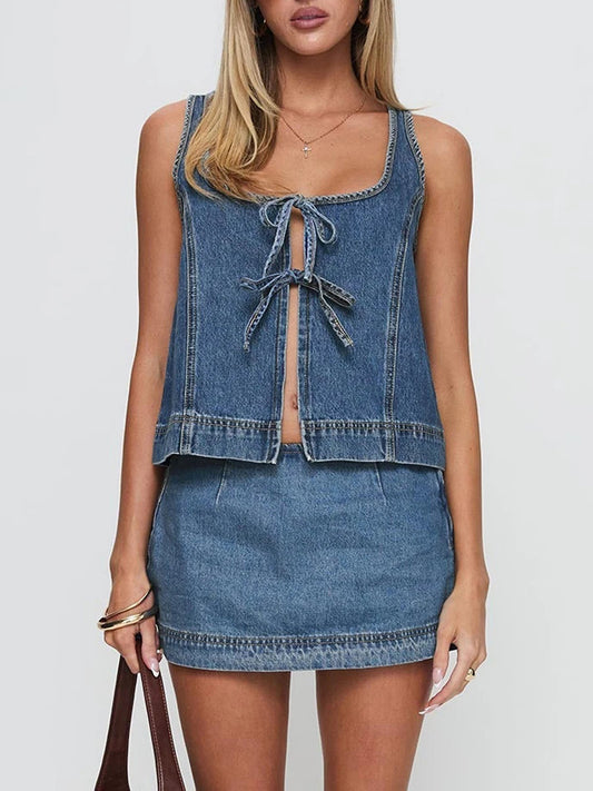 Legeres Jeans-Crop-Top mit Knoten vorne und Minirock Set
