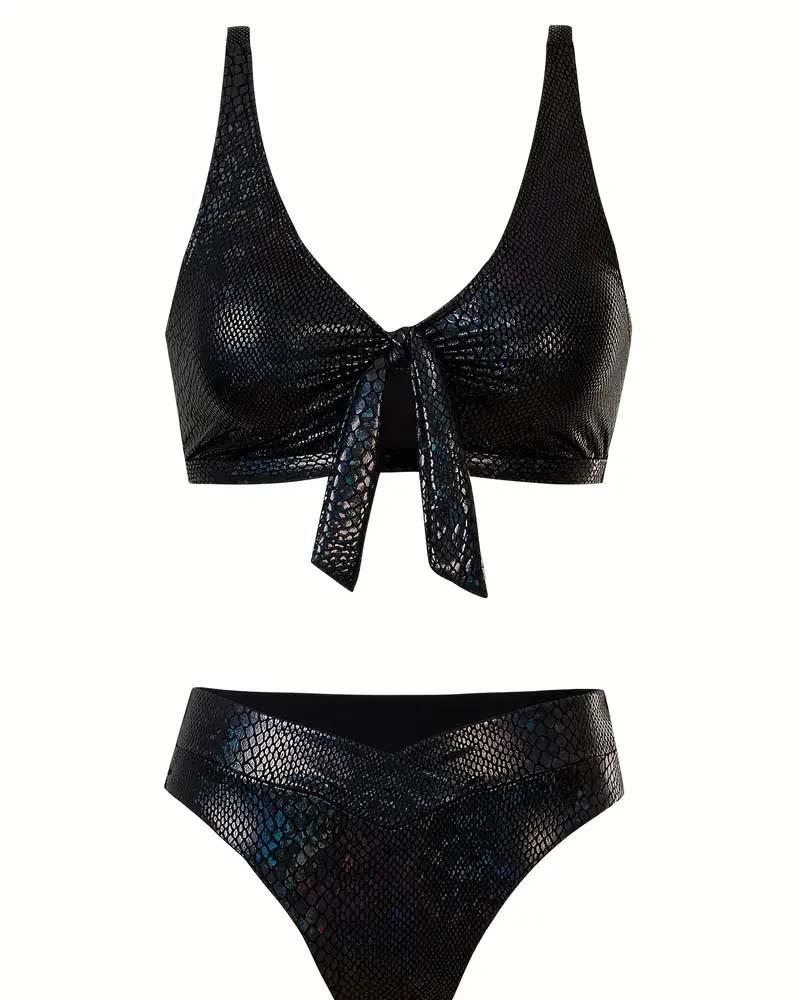 Bikini Schlangenprint mit Brustbinde, Hohe Taille, Dreieck