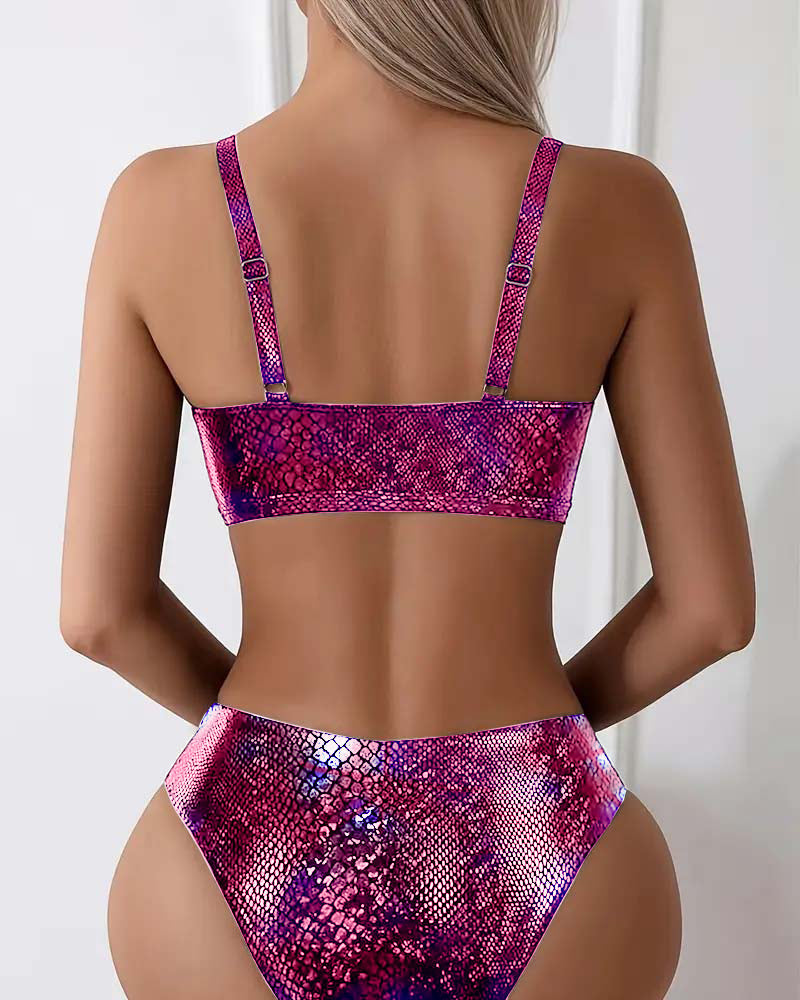Bikini Schlangenprint mit Brustbinde, Hohe Taille, Dreieck