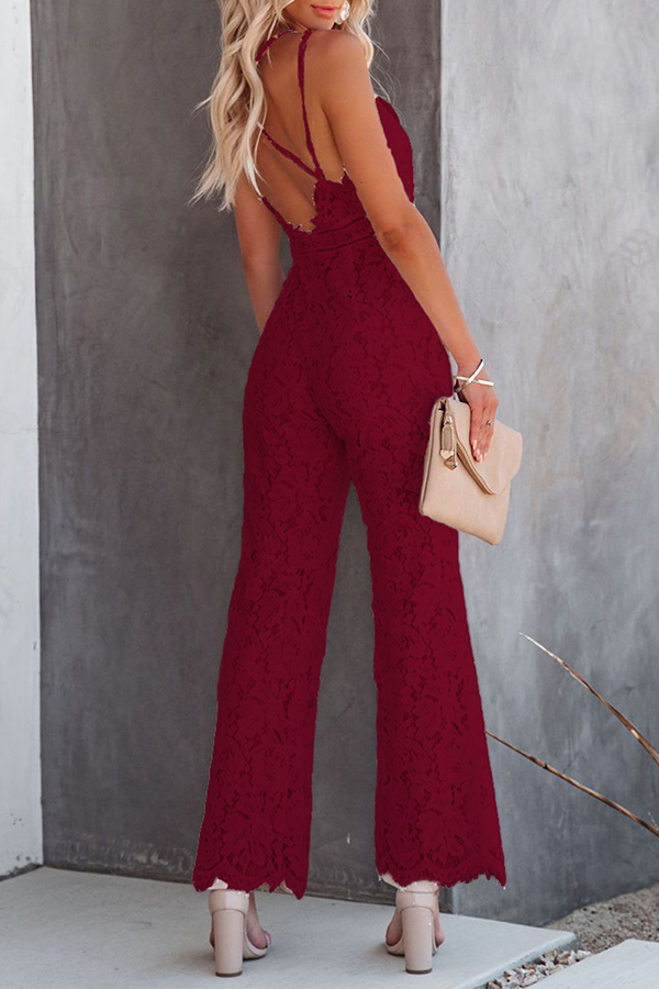 Solider Patchwork Rückenfreier Jumpsuit mit V-Ausschnitt und geradem Schnitt