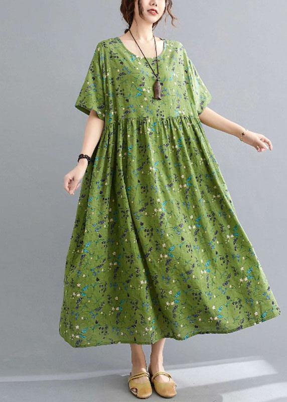 Grünes Maxikleid mit Rundhalsausschnitt und Halbärmeln im Kreis-Print Sommerstil