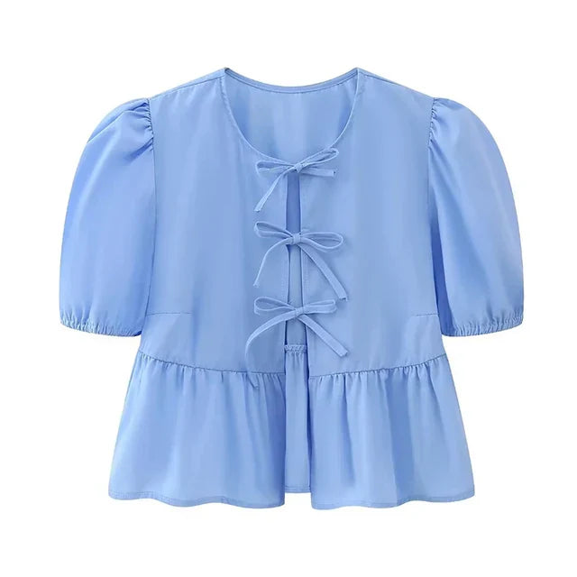 Bluse mit Leopardenmuster, Puffärmel und Schleifenakzent