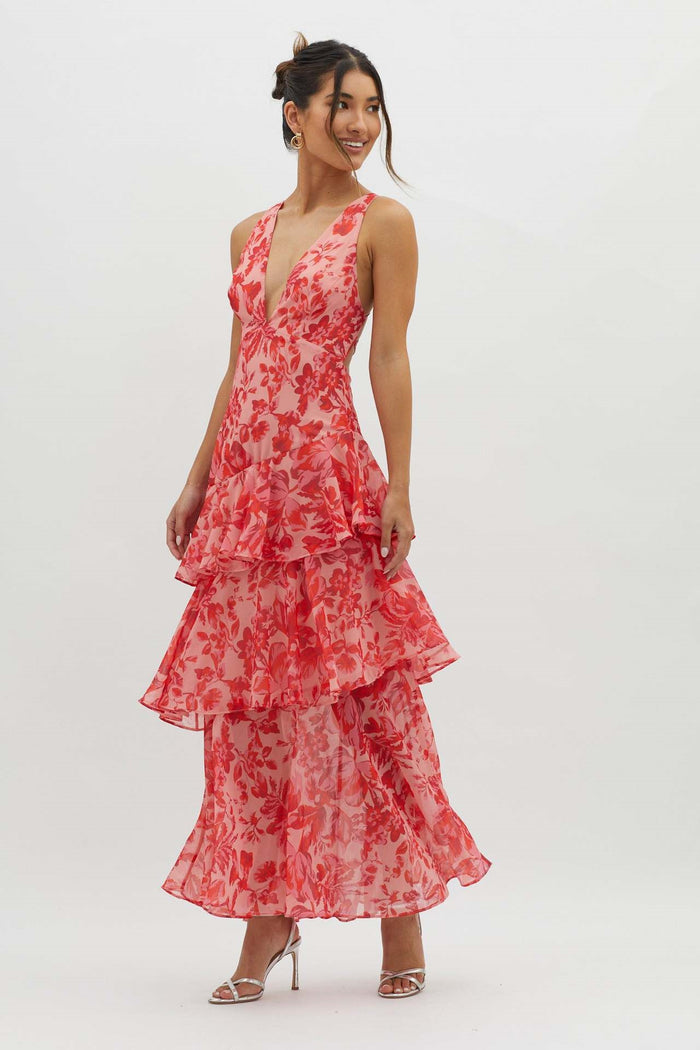 Maxikleid mit Blumenmuster, Rüschen und Trägern, sommerlich schick