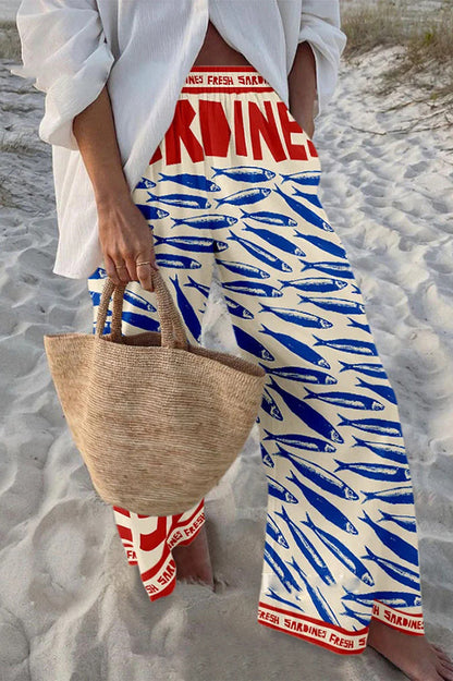 Hosen mit maritimem Print, elastischem Bund, lockerem Schnitt und Taschen