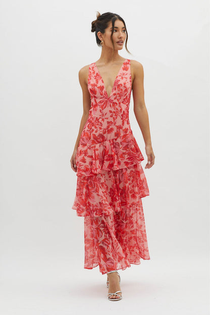 Maxikleid mit Blumenmuster, Rüschen und Trägern, sommerlich schick