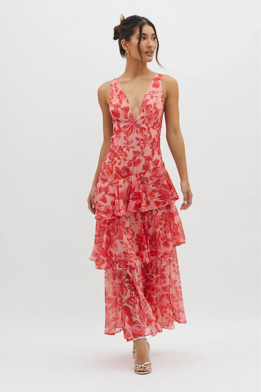 Maxikleid mit Blumenmuster, Rüschen und Trägern, sommerlich schick