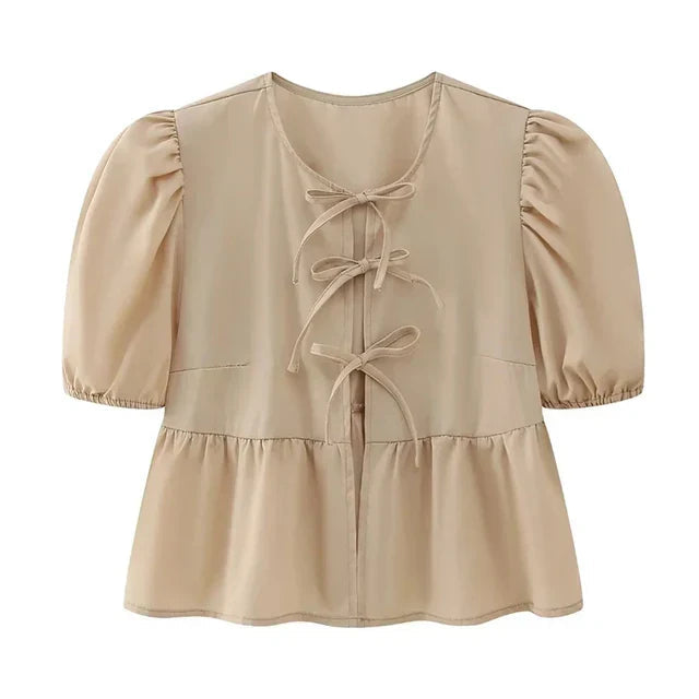 Bluse mit Leopardenmuster, Puffärmel und Schleifenakzent