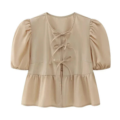 Bluse mit Leopardenmuster, Puffärmel und Schleifenakzent