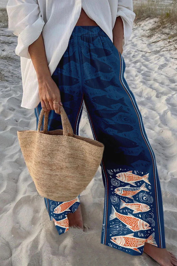 Hosen mit maritimem Print, elastischem Bund, lockerem Schnitt und Taschen