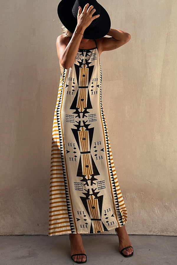 Nehmen Sie eine Reise Ethnischer Druck Rückenfreies A-Linien Maxi Kleid