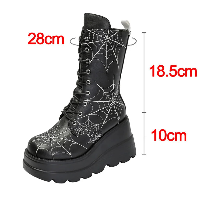 Gothic Grobe Plateauschuhe mit mittelhohem Schaft und Spinnennetz-Detail