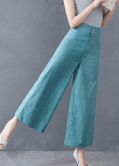 Blaue High-Waist-Hose mit weitem Bein und Knopfdetail für den Herbst