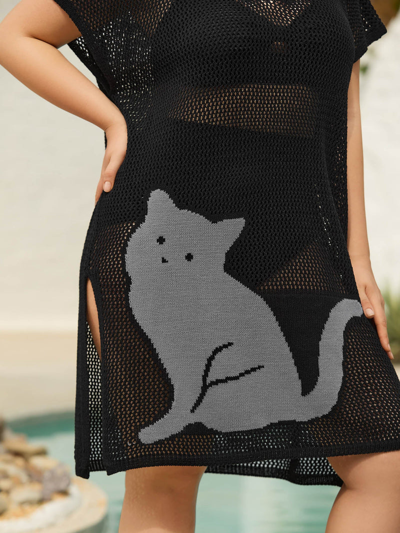 Ausschnitt Transparente Badeanzugüberwurf mit Katzenmuster