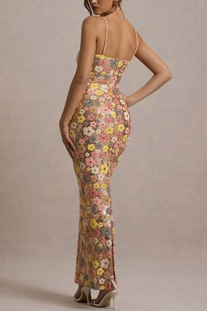80er Jahre Blumen Pailletten Quadrat Ausschnitt Stretch Maxikleid - Livezo
