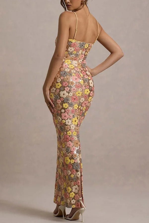 80er Jahre Blumen Pailletten Quadrat Ausschnitt Stretch Maxikleid - Livezo
