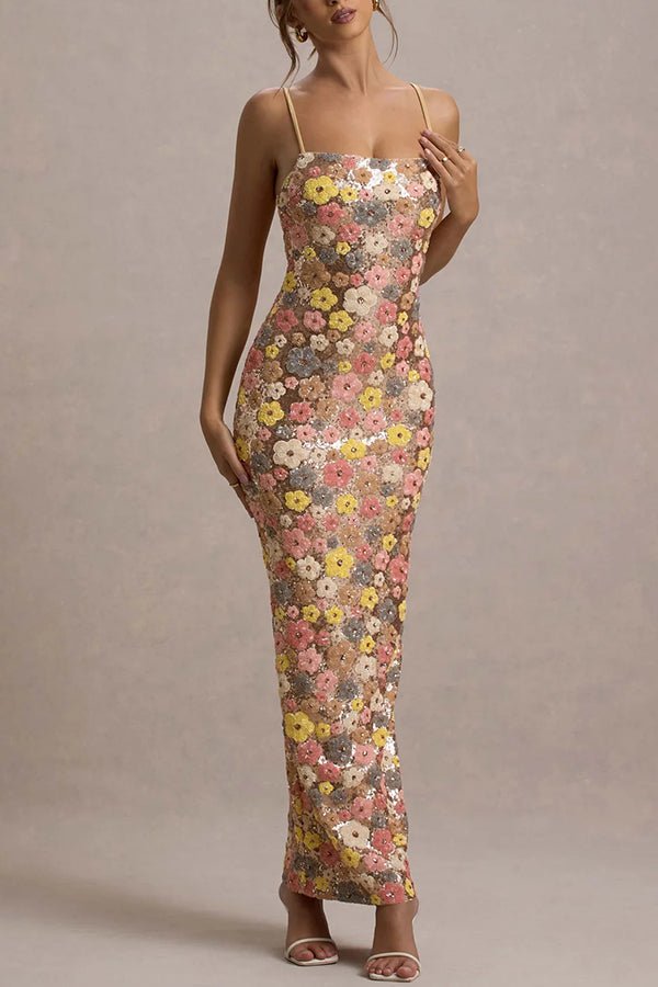 80er Jahre Blumen Pailletten Quadrat Ausschnitt Stretch Maxikleid - Livezo