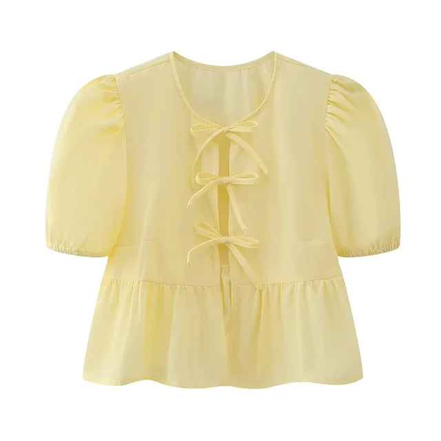 Bluse mit Leopardenmuster, Puffärmel und Schleifenakzent