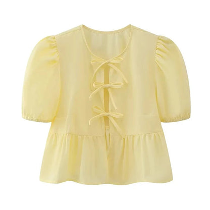 Bluse mit Leopardenmuster, Puffärmel und Schleifenakzent