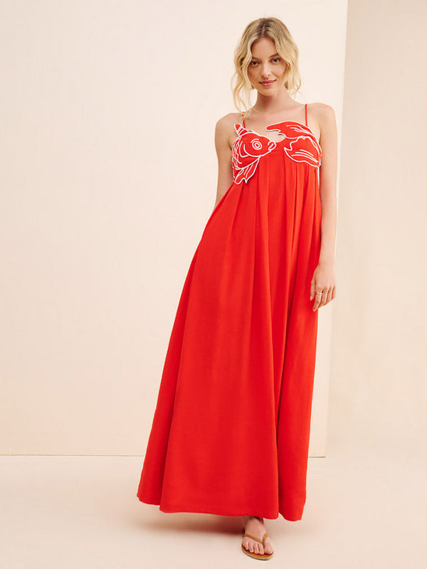 Fisch Top Leinenmischung Maxikleid