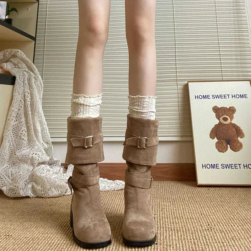 Gefaltete Western-Plateau-Stiefel mit Absatz für Damen