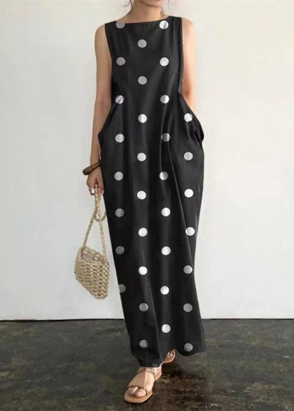Ärmelloses schwarzes langes Kleid mit Punktemuster und Taschen