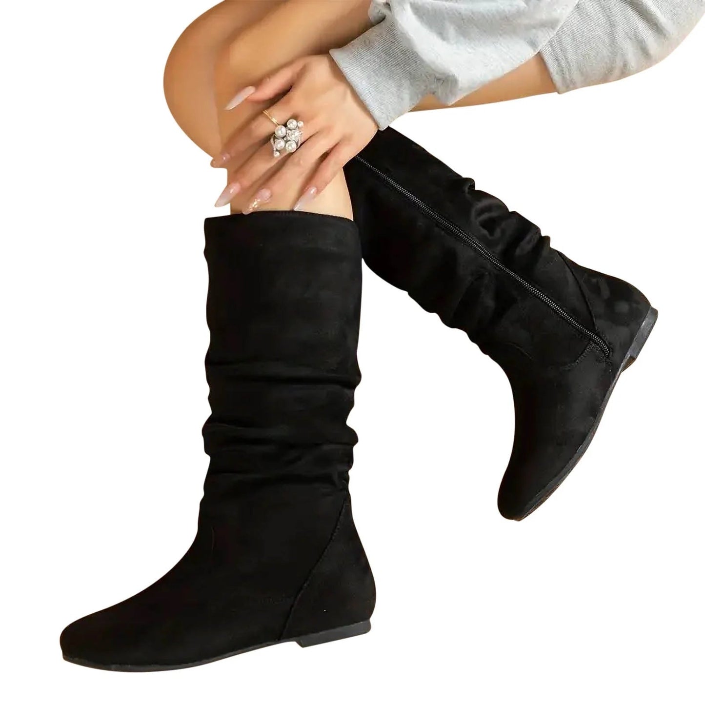 Schicke flache Stiefel mit hohem Schaft