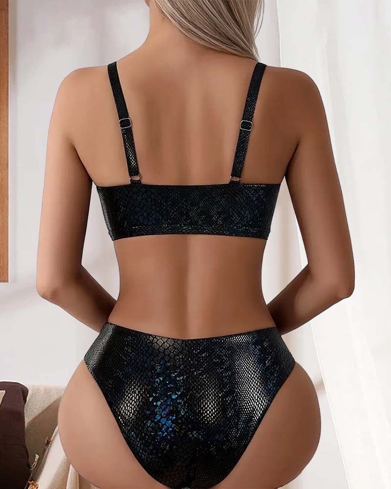 Bikini Schlangenprint mit Brustbinde, Hohe Taille, Dreieck
