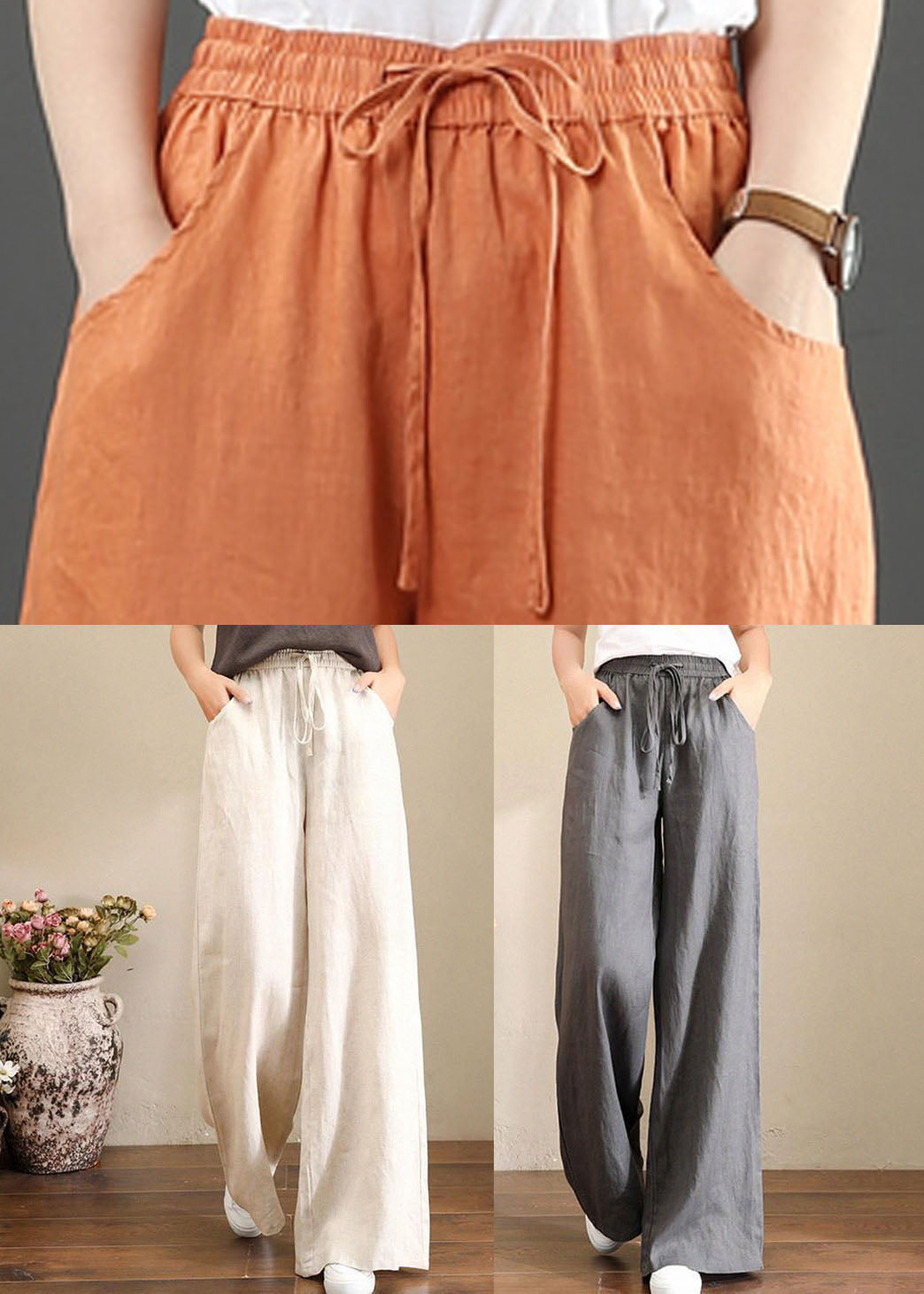 Leinenhose in französischem Grau mit weitem Bein, elastischem Bund und Taschen