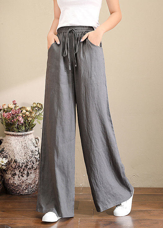 Leinenhose in französischem Grau mit weitem Bein, elastischem Bund und Taschen