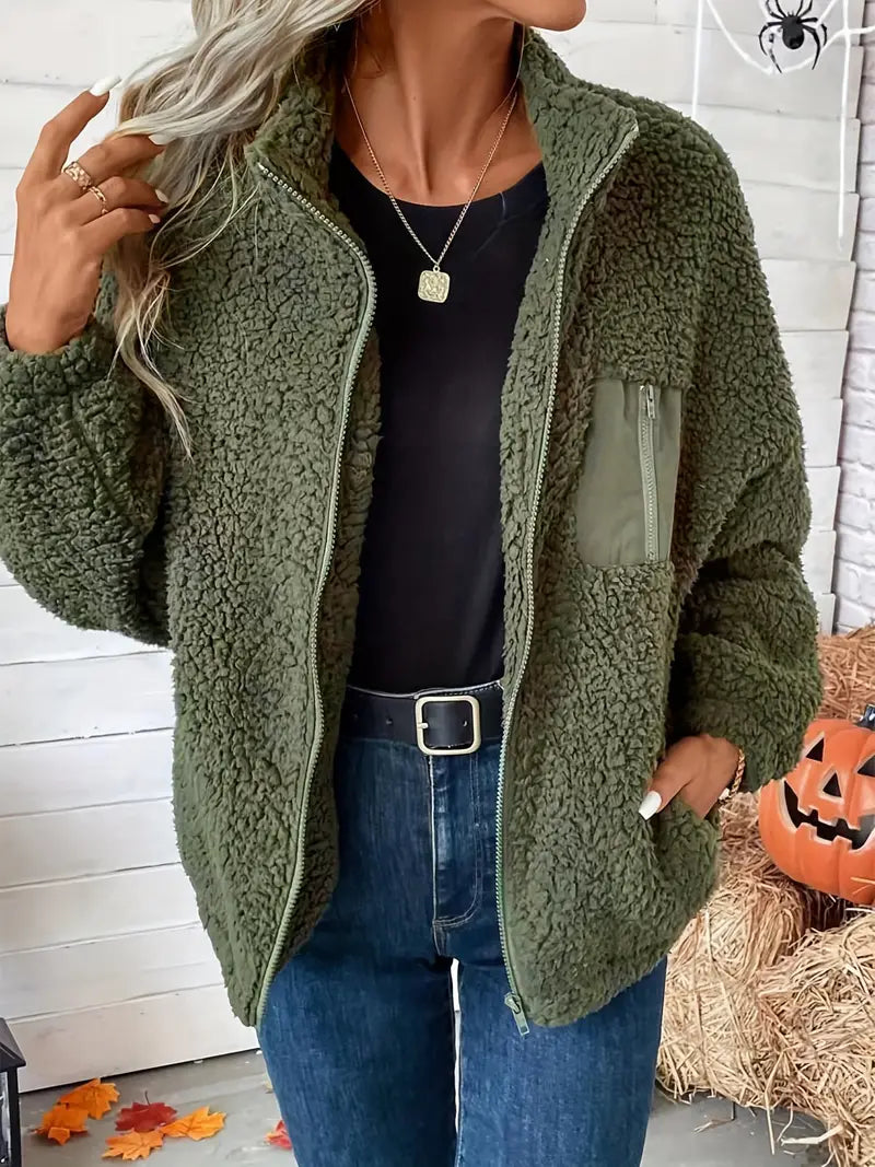 Luisa - Reißverschluss vorne Drop Shoulder Teddy Jacke, lässig solide Farbe lange Ärmel