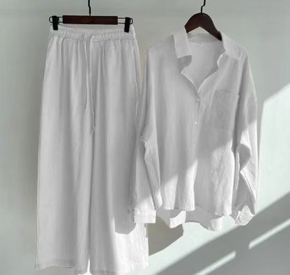 Entspanntes Leinenblusen- und Weitbein-Hosen-Set