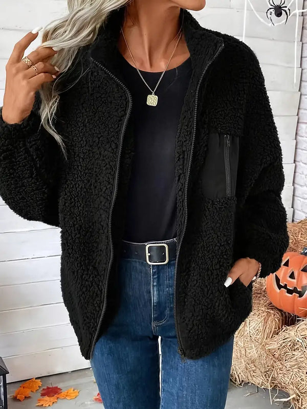 Luisa - Reißverschluss vorne Drop Shoulder Teddy Jacke, lässig solide Farbe lange Ärmel